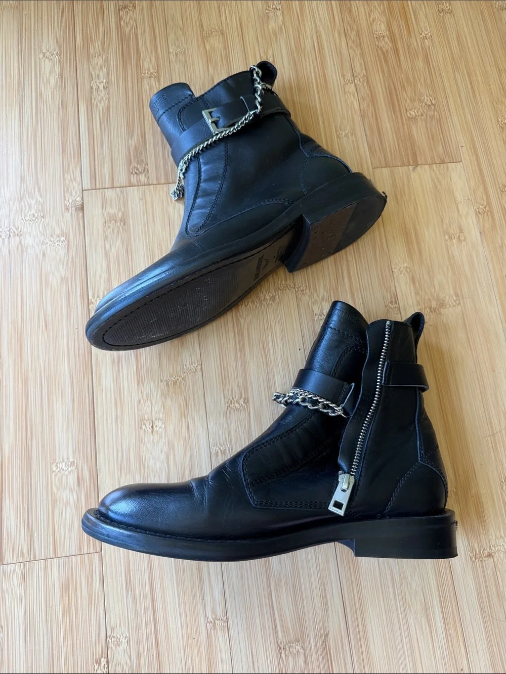 Zadig and Voltaire black moto boots with chain detail buckle